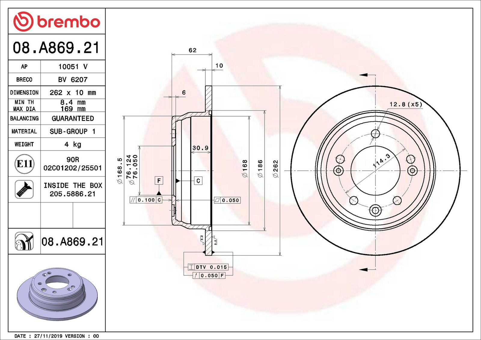BREMBO 08.A869.21 - Bremsscheibe