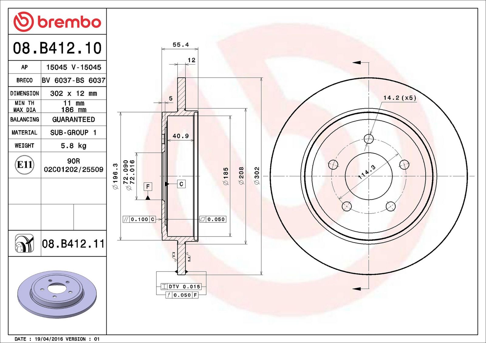 BREMBO 08.B412.11 - Bremsscheibe