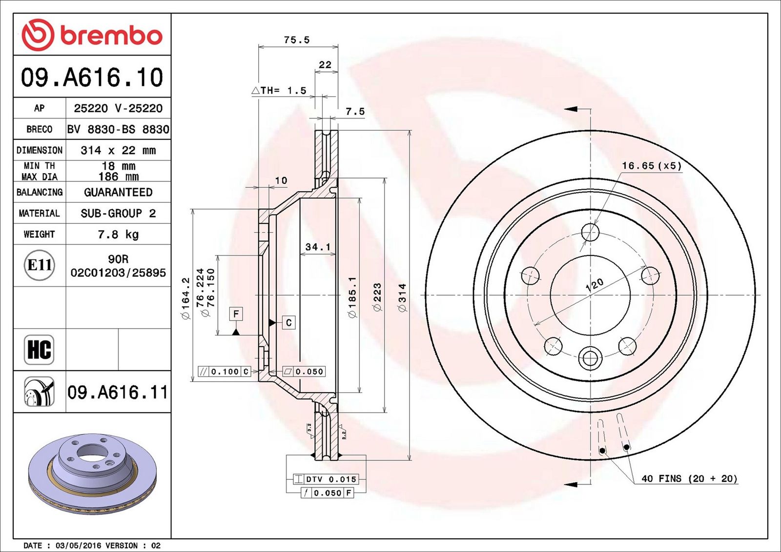 BREMBO 09.A616.11 - Bremsscheibe
