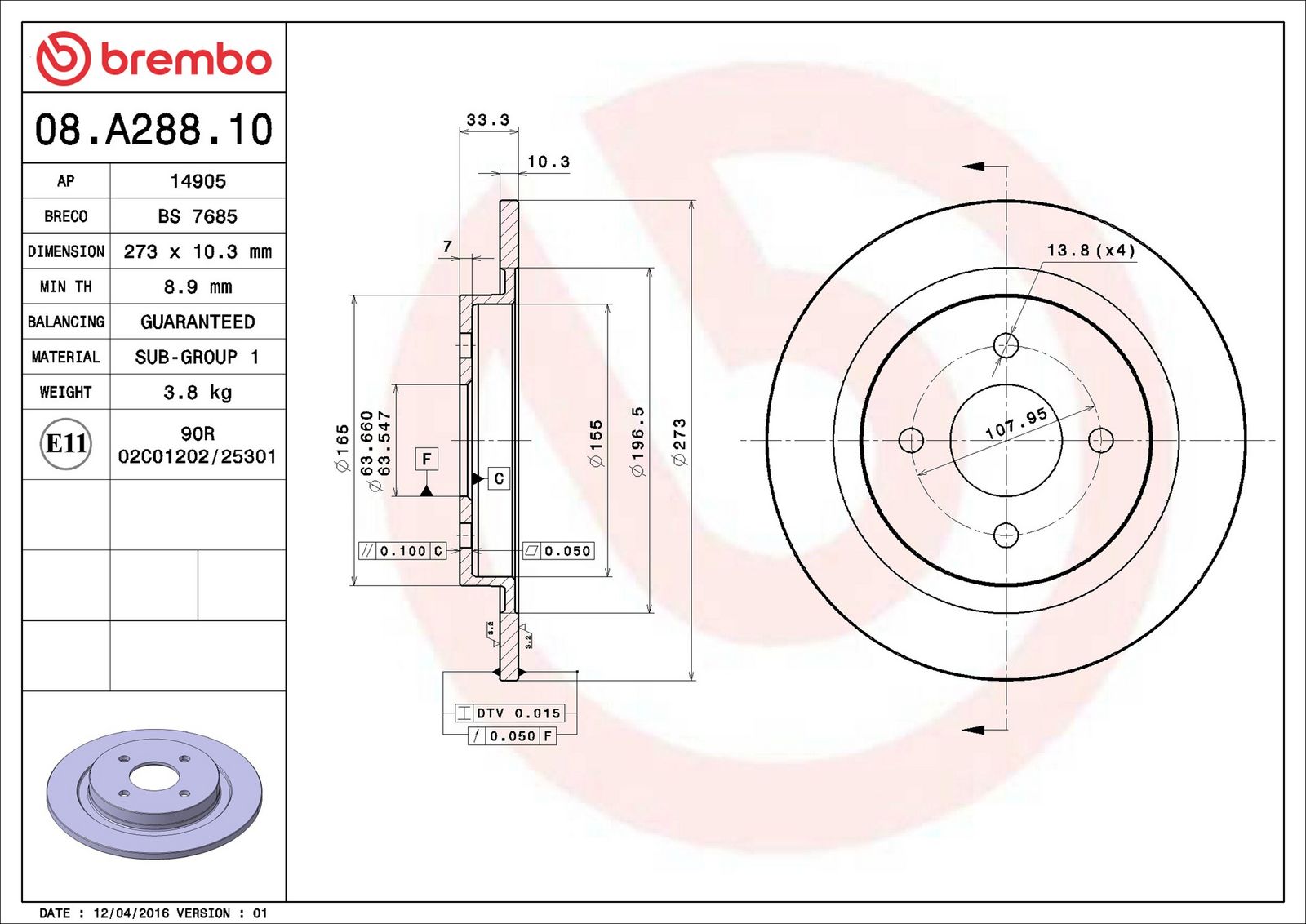 BREMBO 08.A288.10 - Bremsscheibe