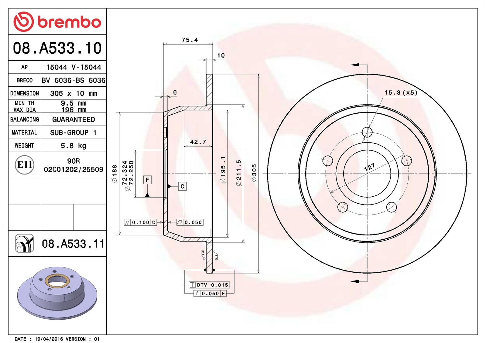 BREMBO 08.A533.11 - Bremsscheibe