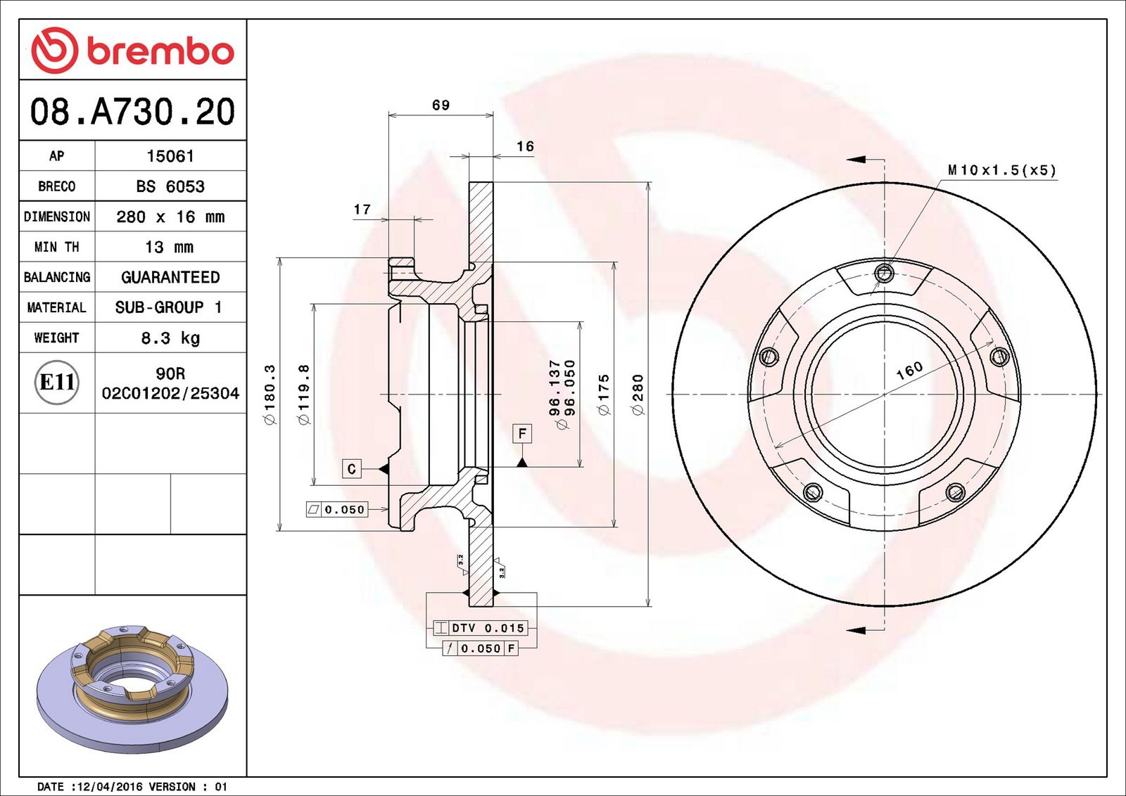 BREMBO 08.A730.20 - Bremsscheibe