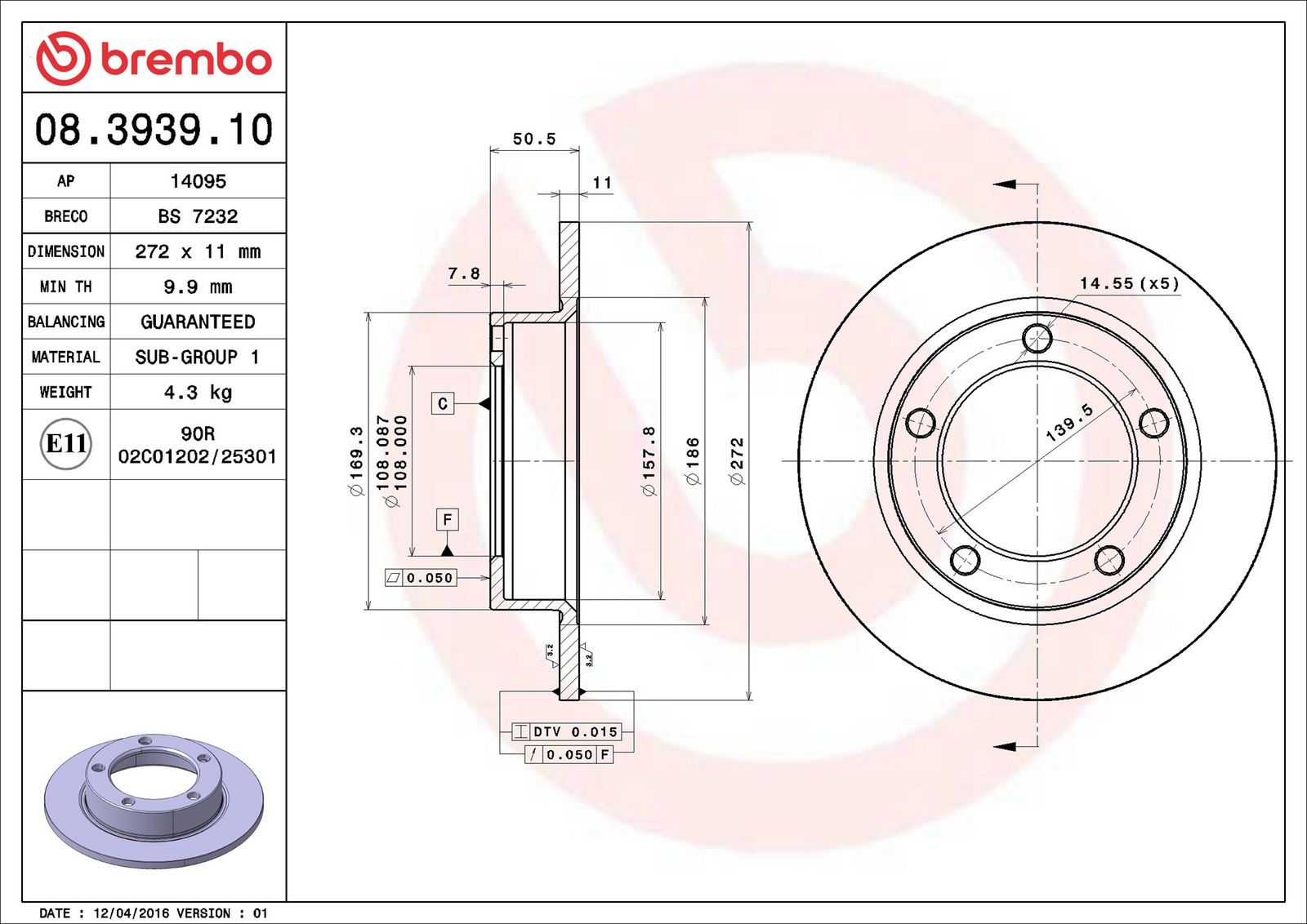 BREMBO 08.3939.10 - Bremsscheibe