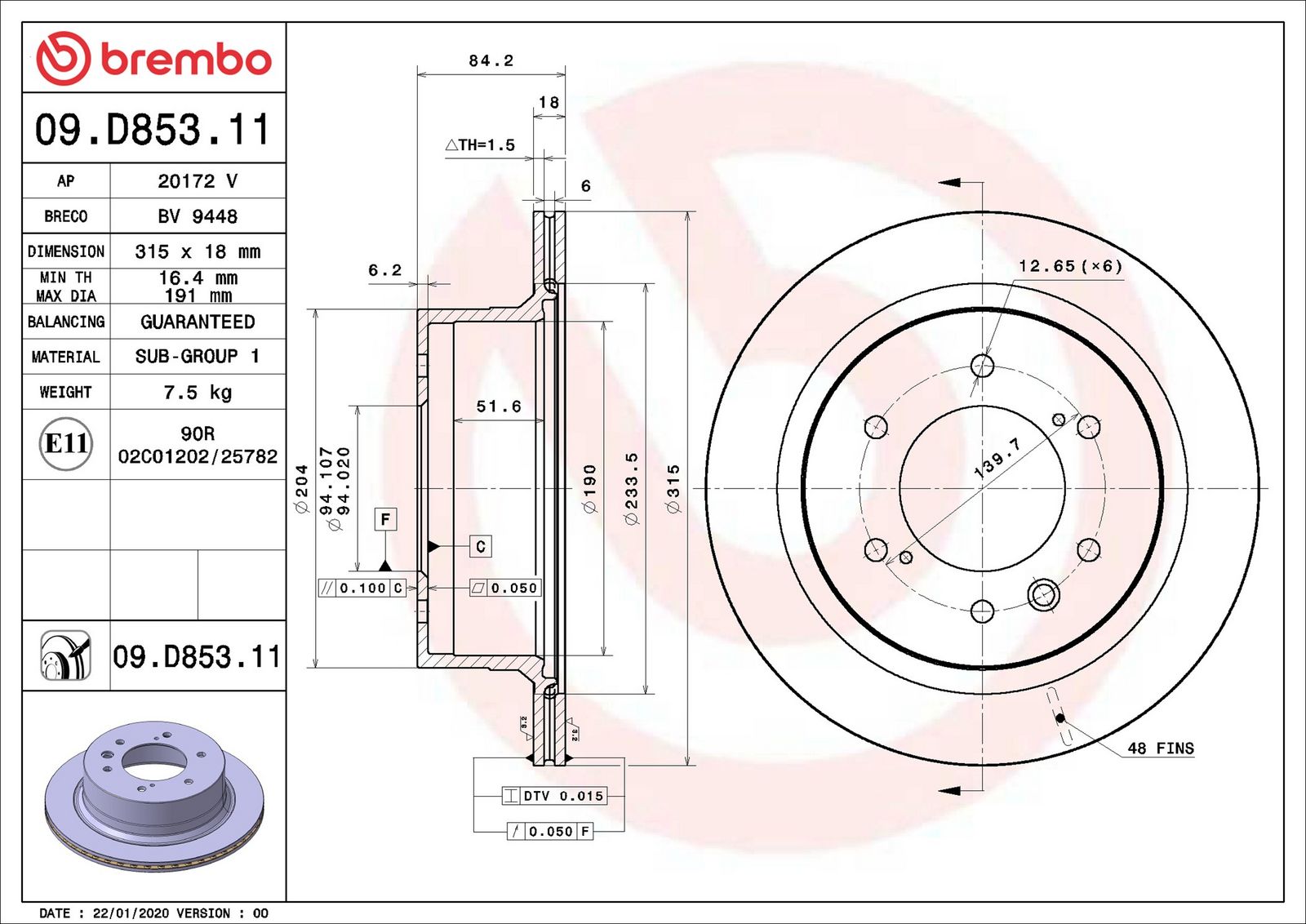 BREMBO 09.D853.11 - Bremsscheibe