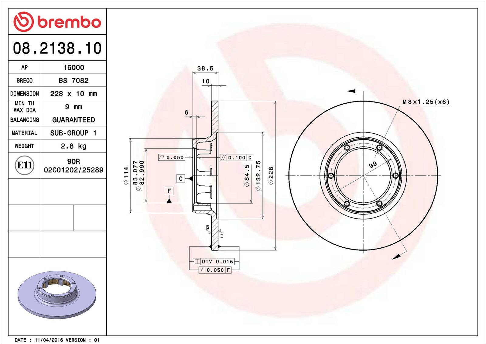 BREMBO 08.2138.10 - Bremsscheibe