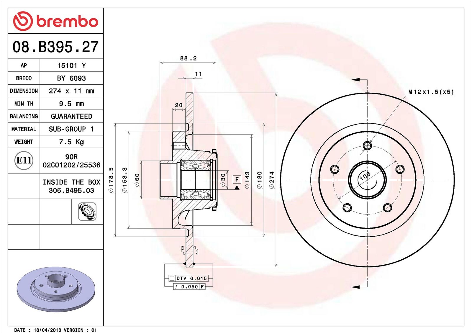 BREMBO 08.B395.27 - Bremsscheibe