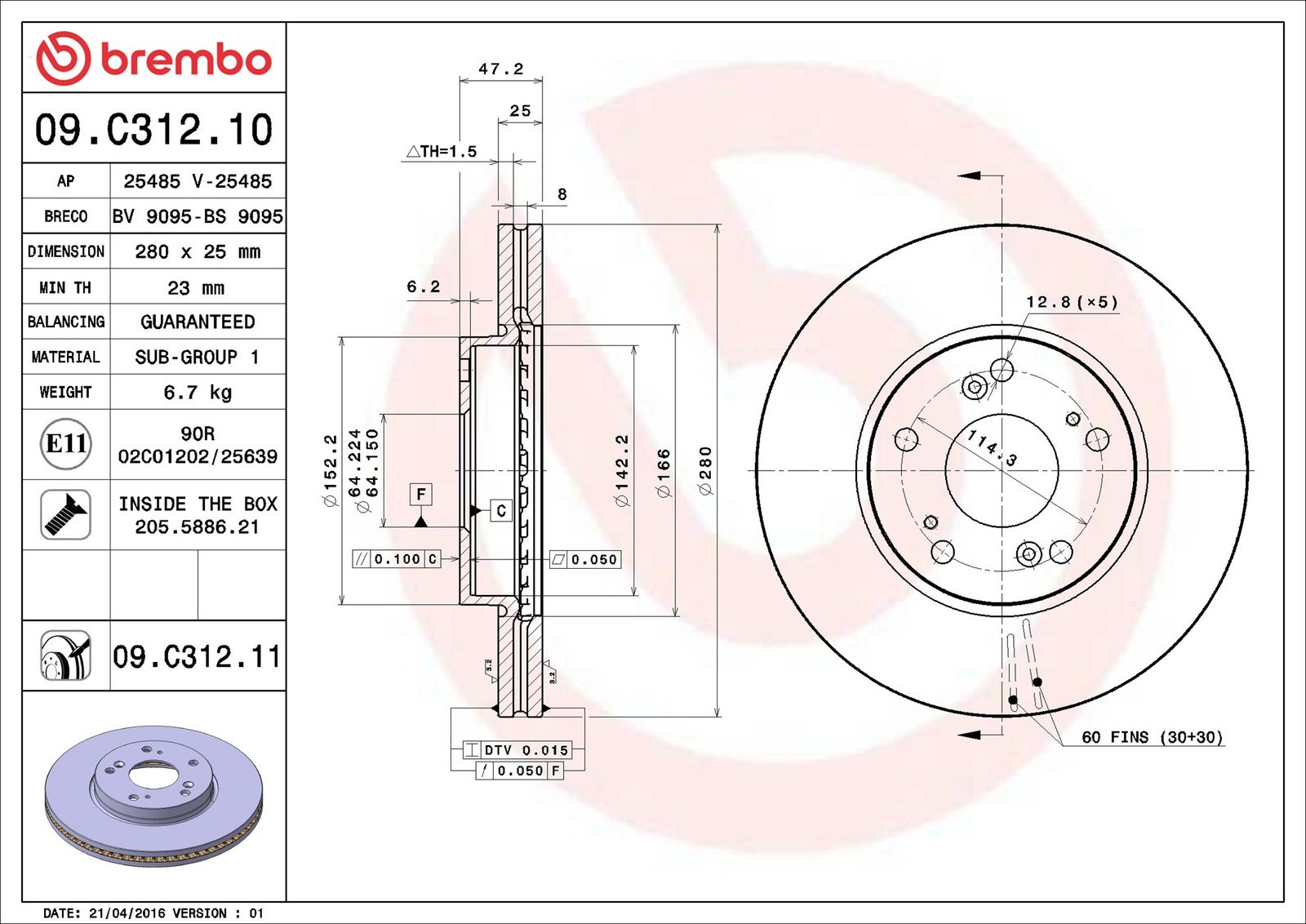 BREMBO 09.C312.11 - Bremsscheibe