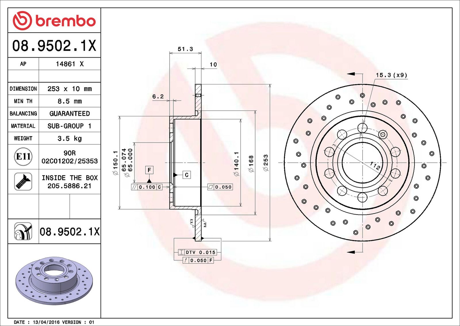 BREMBO 08.9502.1X - Bremsscheibe