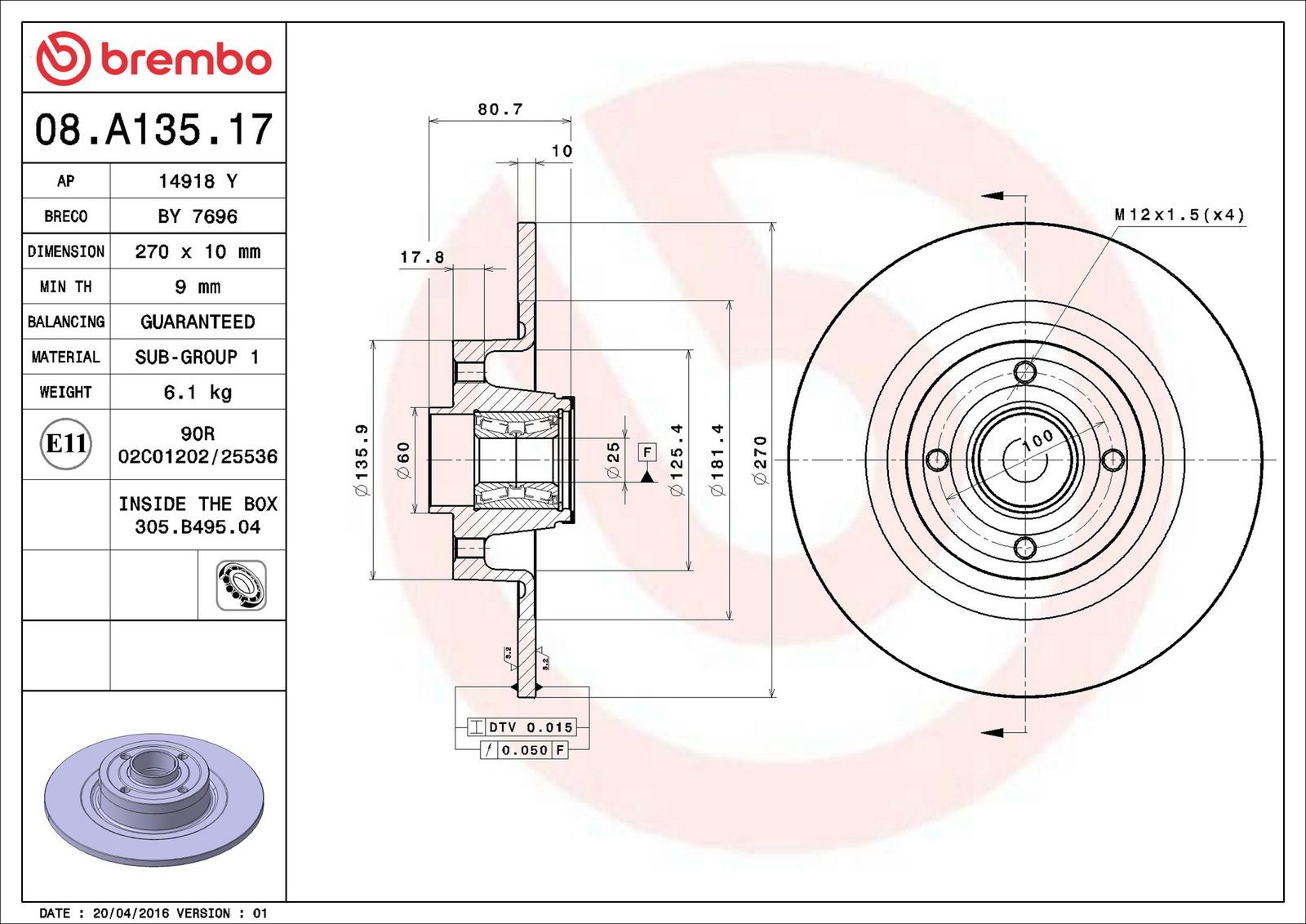 BREMBO 08.A135.17 - Bremsscheibe