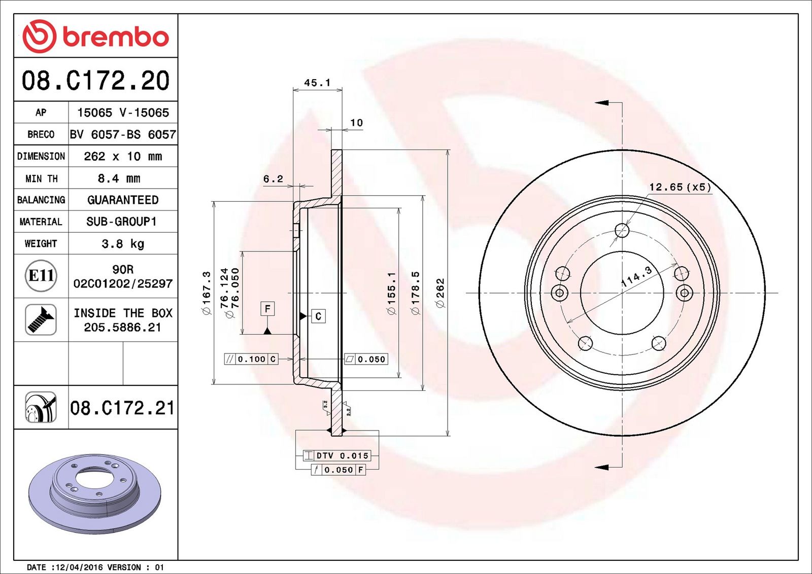 BREMBO 08.C172.21 - Bremsscheibe