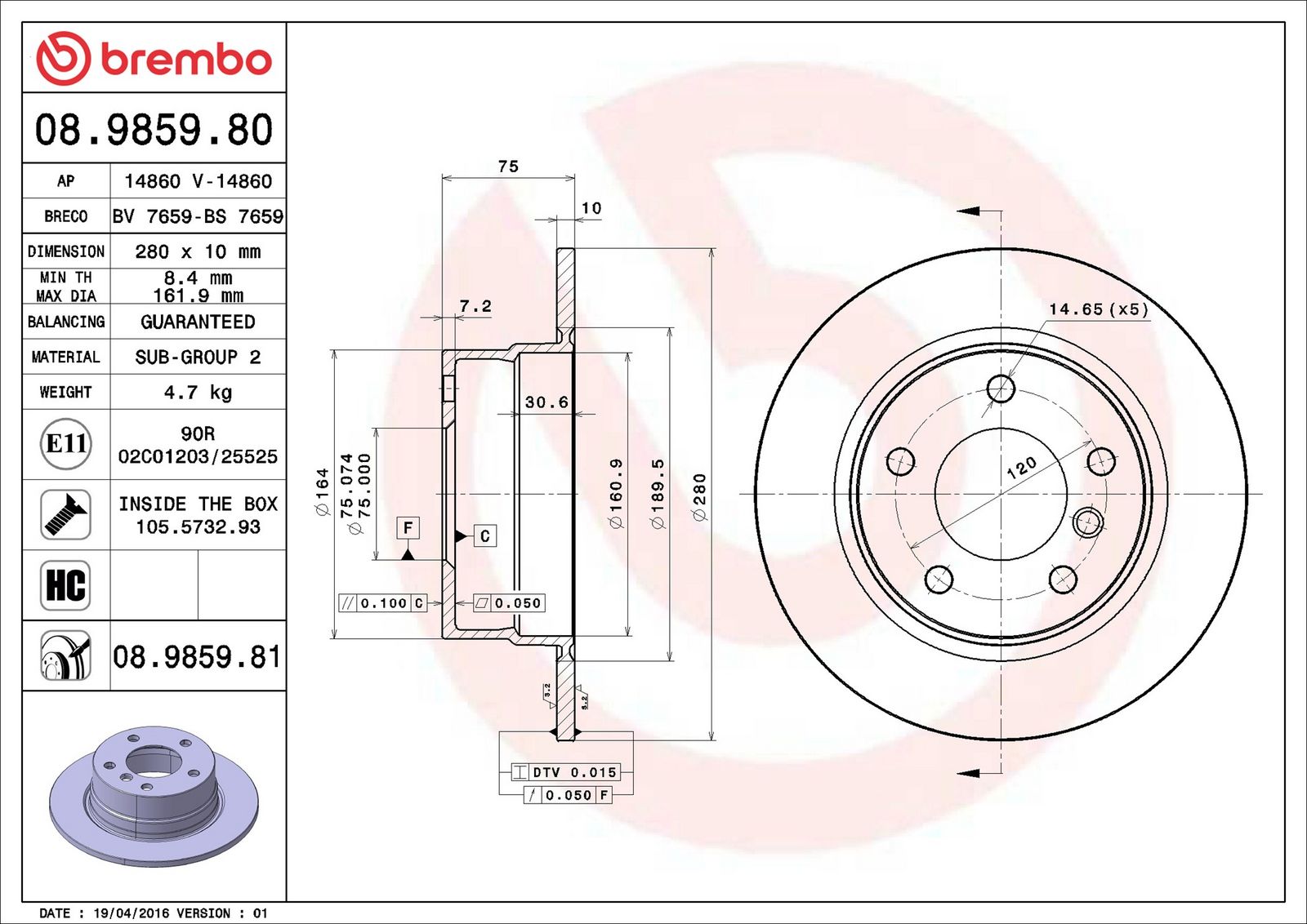 BREMBO 08.9859.81 - Bremsscheibe
