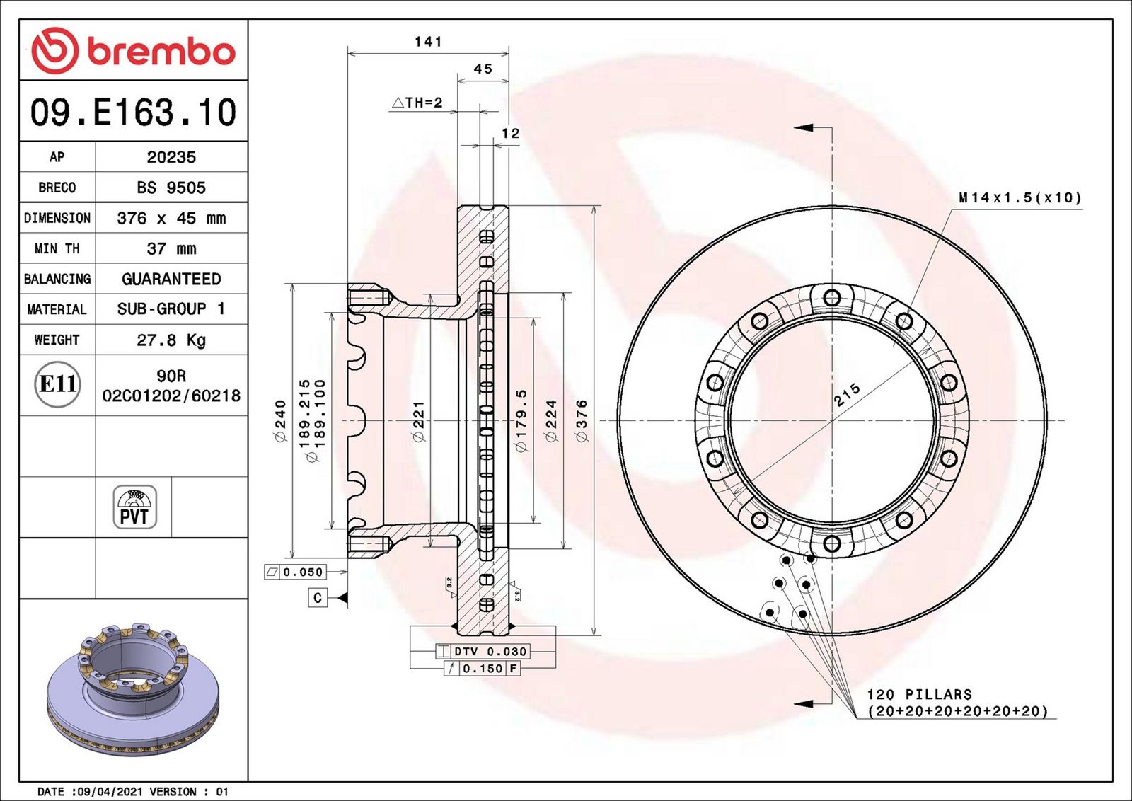 BREMBO 09.E163.10 - Bremsscheibe