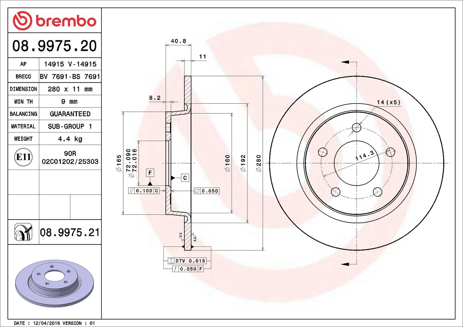 BREMBO 08.9975.21 - Bremsscheibe