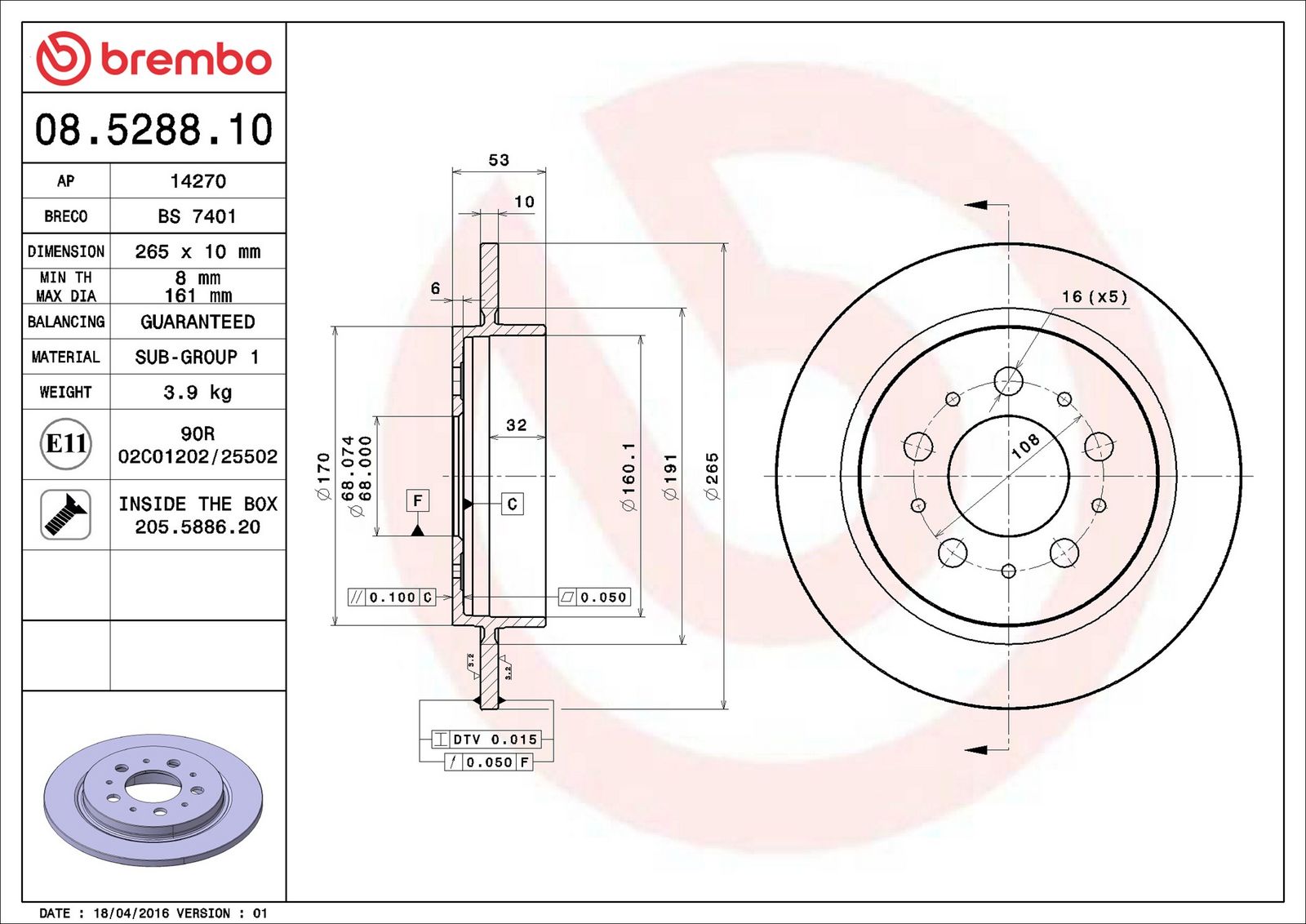 BREMBO 08.5288.10 - Bremsscheibe