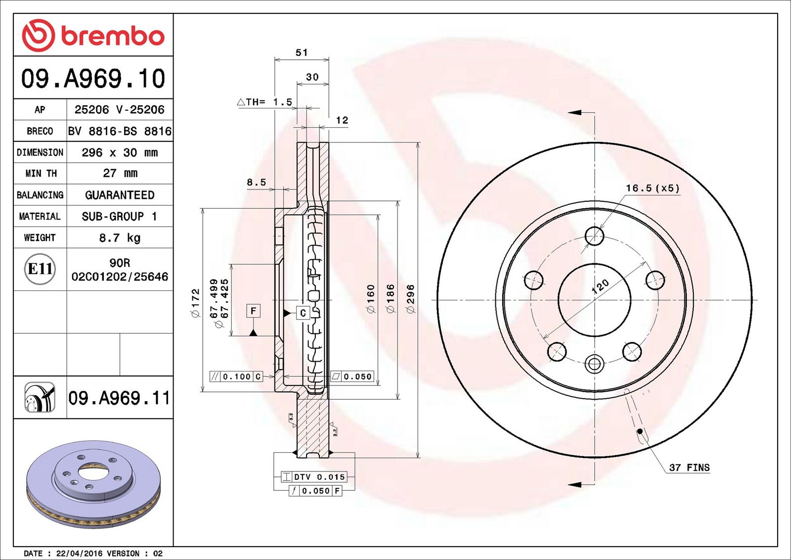 BREMBO 09.A969.11 - Bremsscheibe