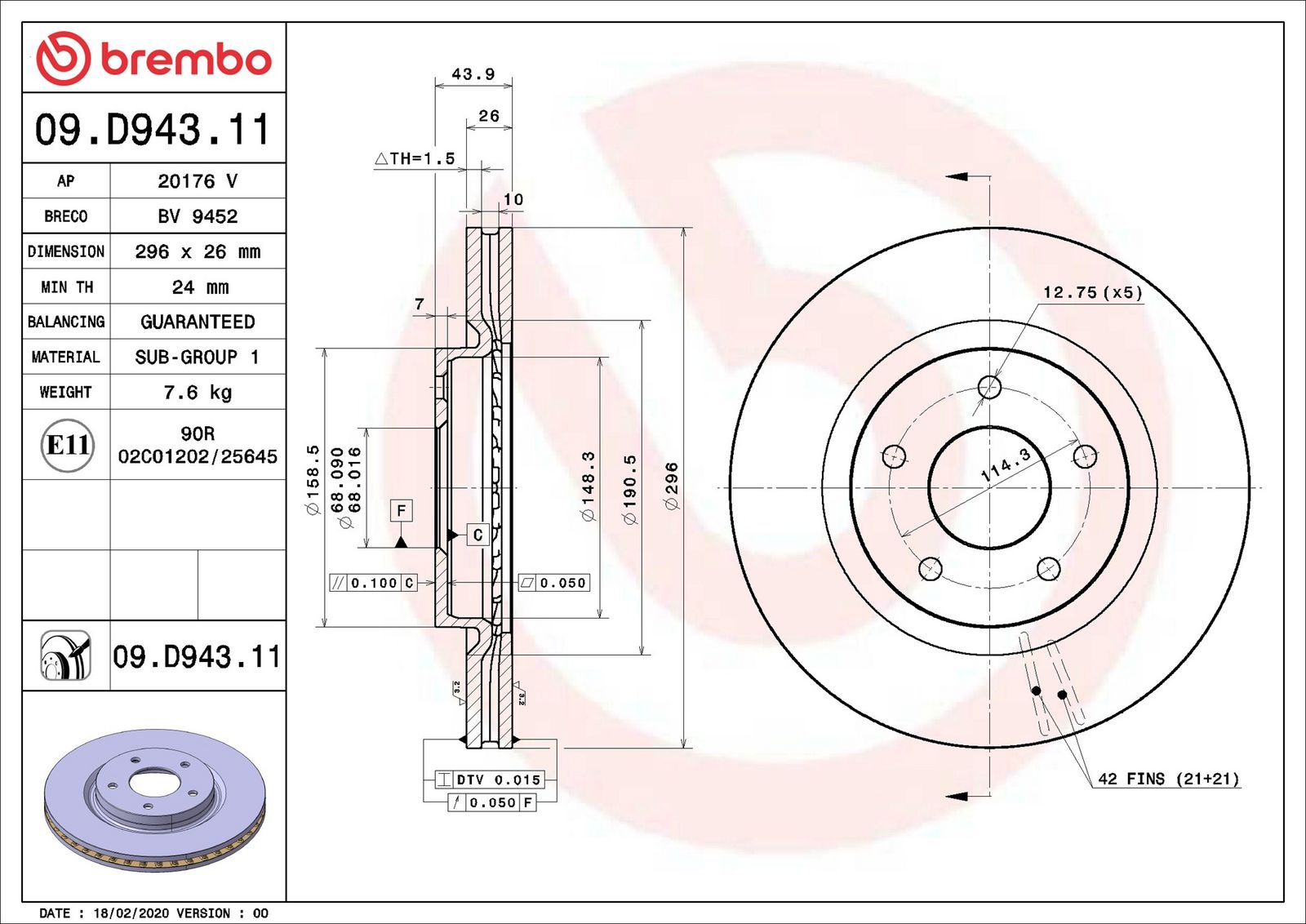 BREMBO 09.D943.11 - Bremsscheibe