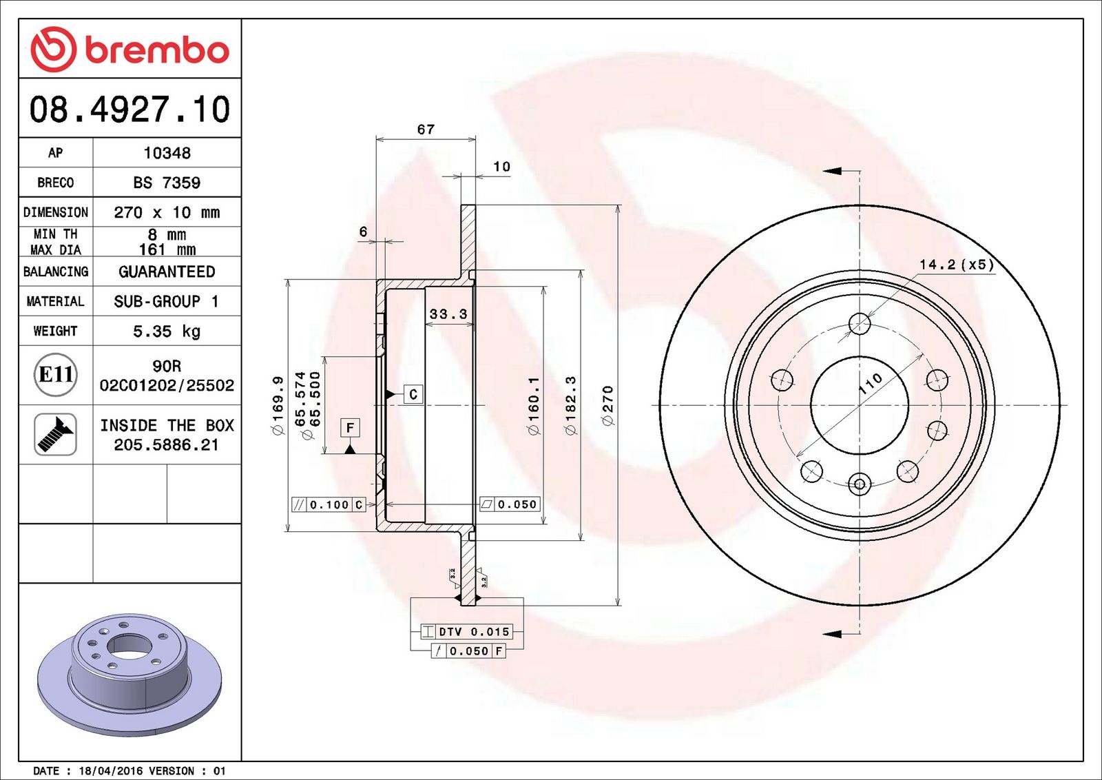 BREMBO 08.4927.10 - Bremsscheibe
