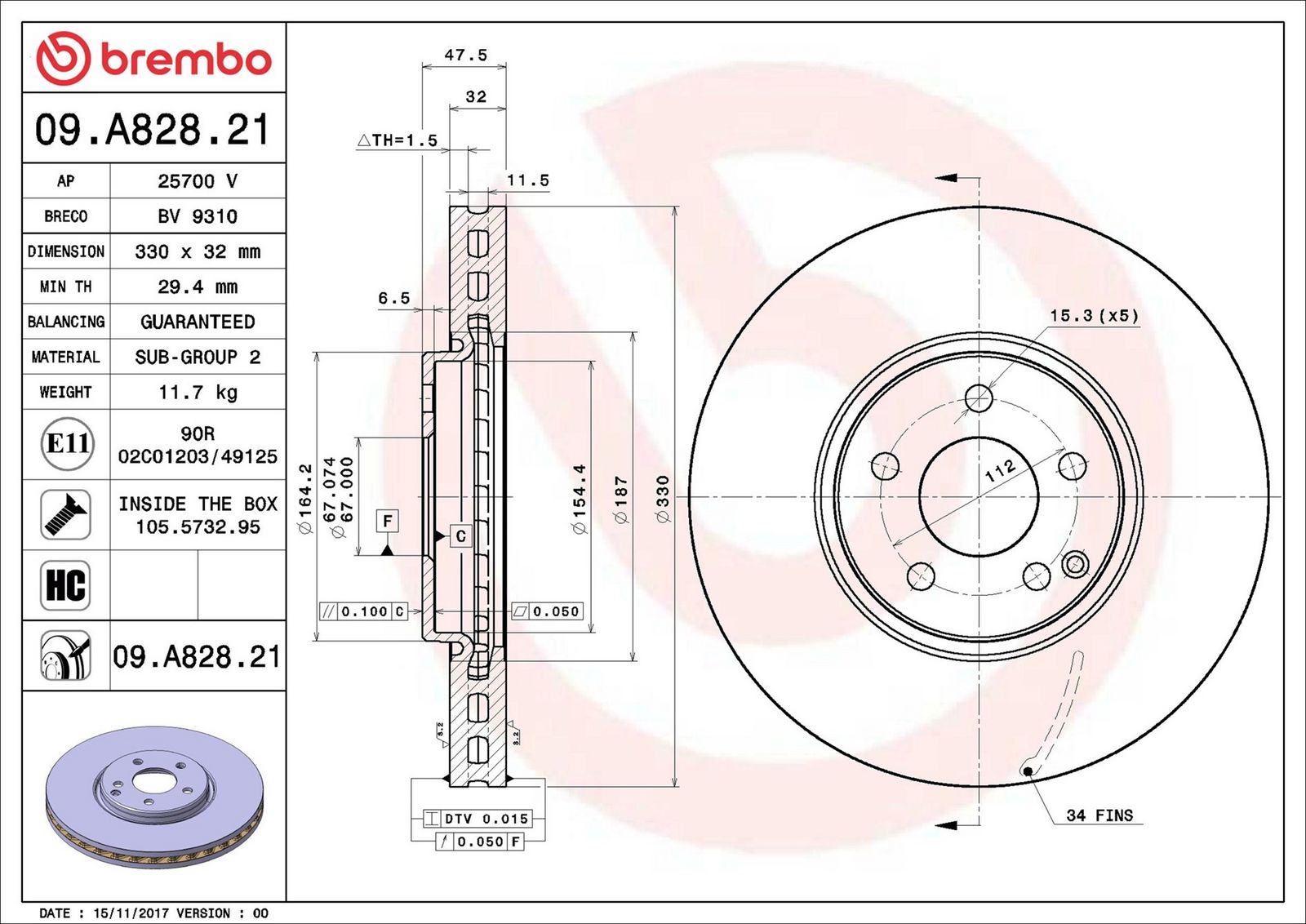 BREMBO 09.A828.21 - Bremsscheibe
