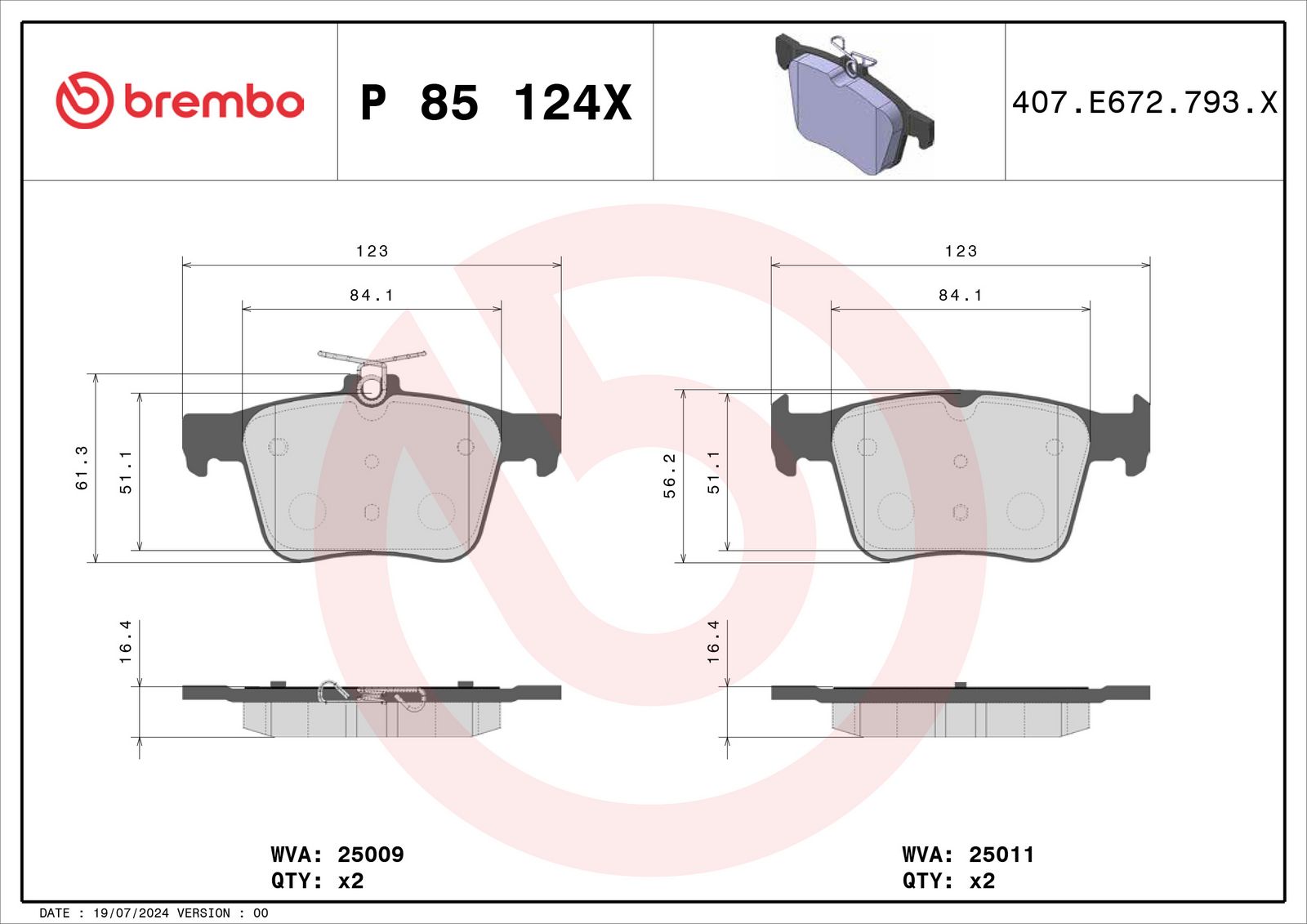 BREMBO P 85 124X - Bremsbelagsatz, Scheibenbremse