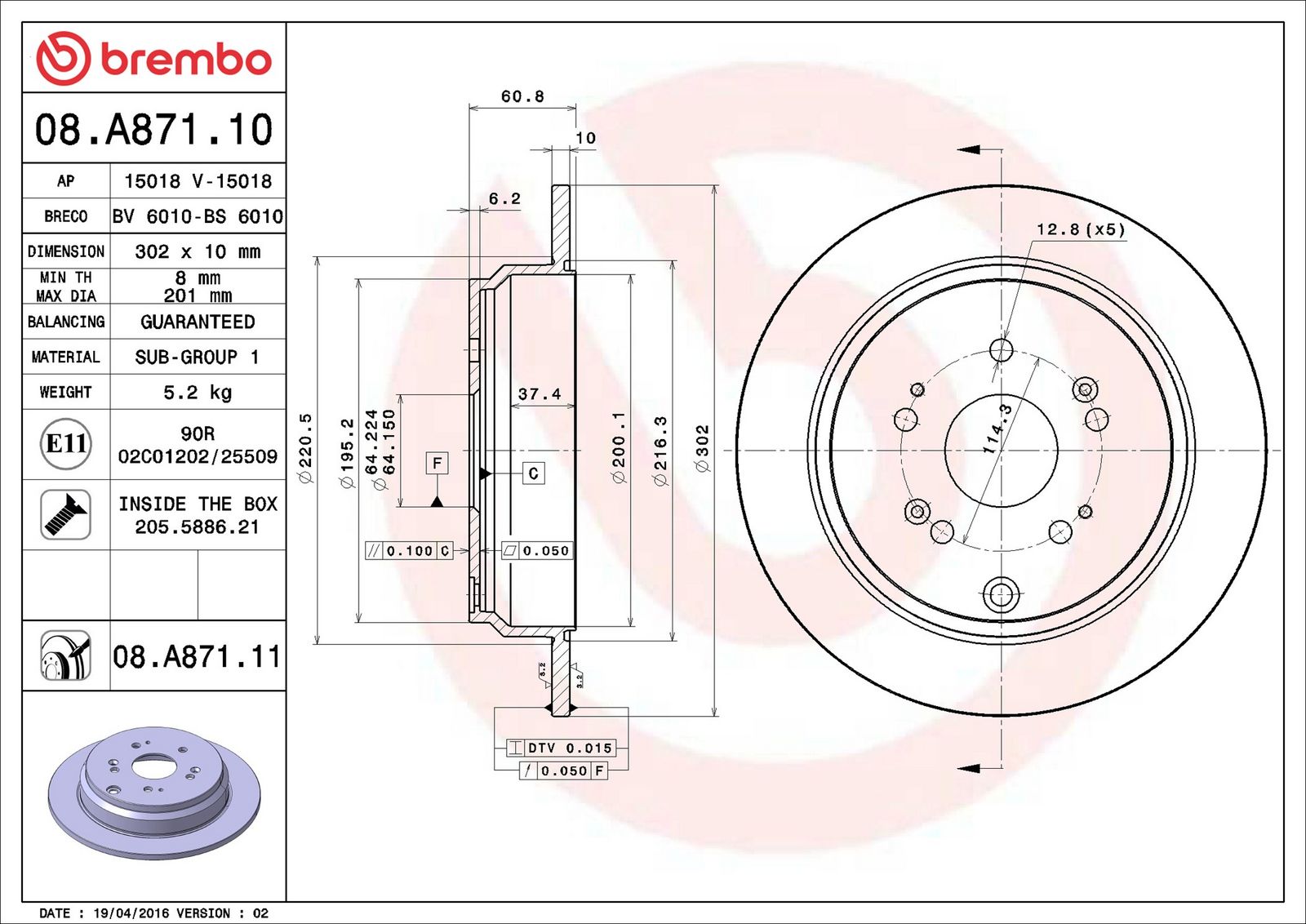 BREMBO 08.A871.11 - Bremsscheibe
