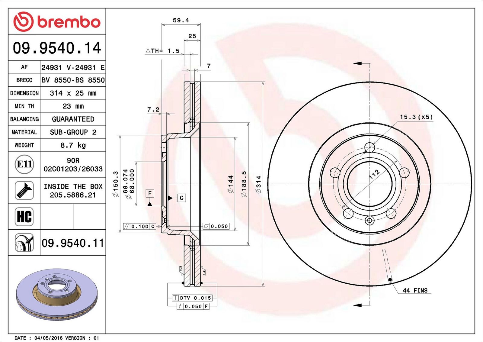 BREMBO 09.9540.11 - Bremsscheibe