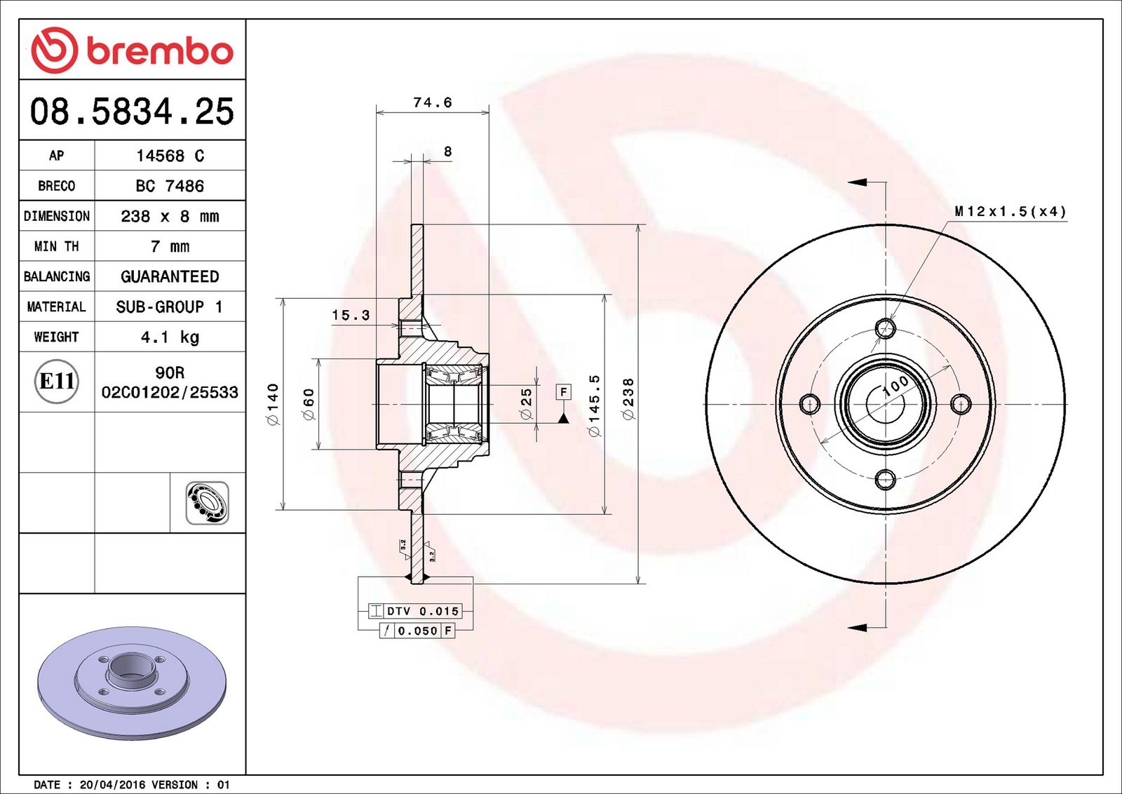 BREMBO 08.5834.25 - Bremsscheibe