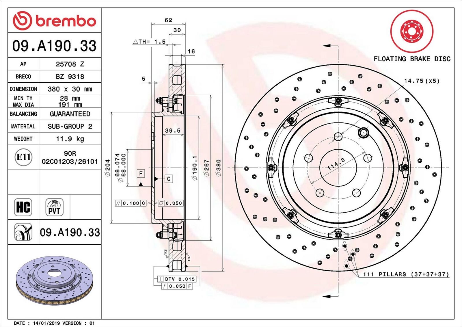 BREMBO 09.A190.33 - Bremsscheibe