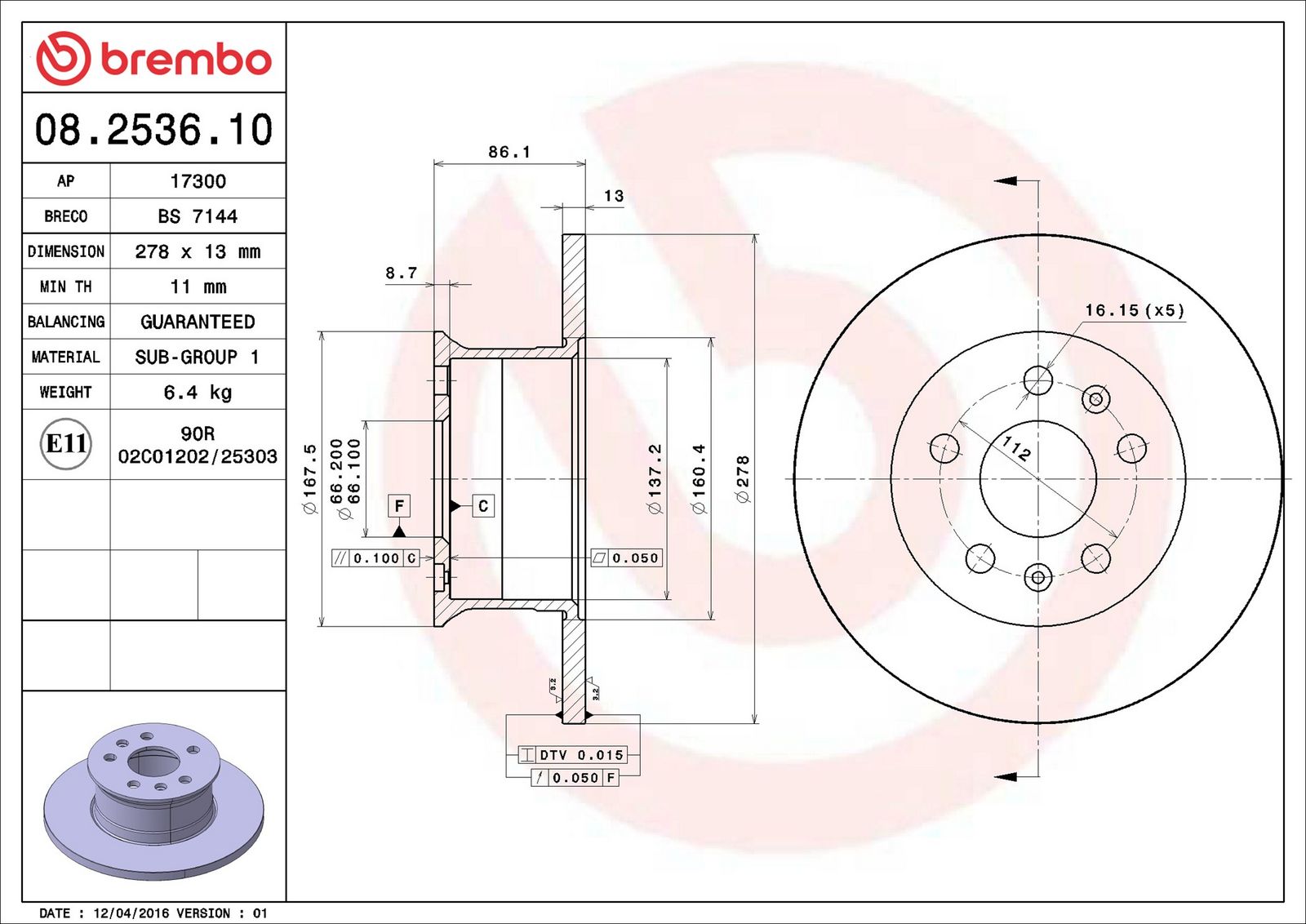 BREMBO 08.2536.10 - Bremsscheibe