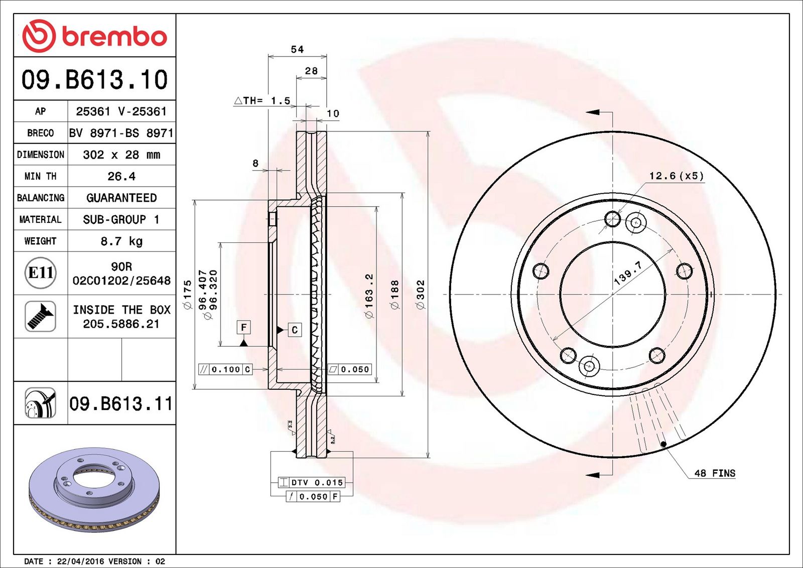 BREMBO 09.B613.11 - Bremsscheibe