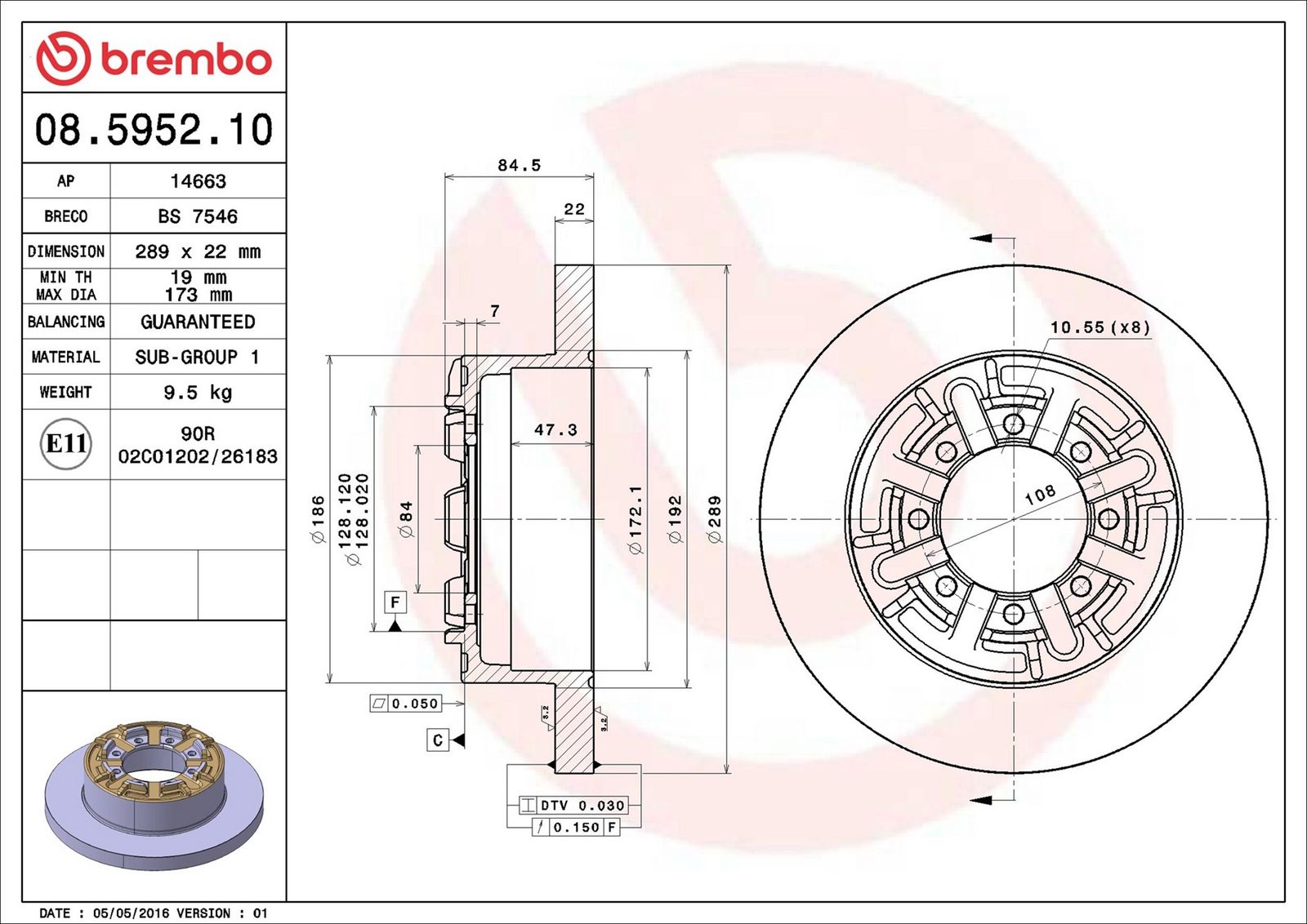 BREMBO 08.5952.10 - Bremsscheibe