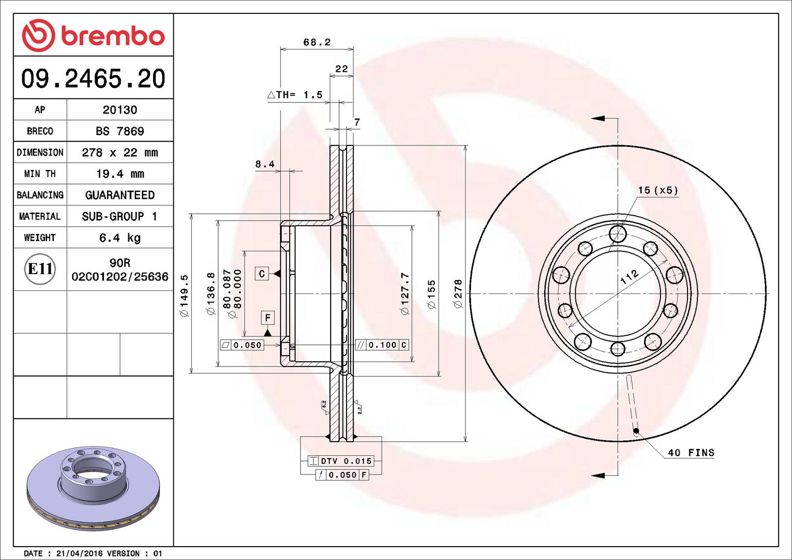 BREMBO 09.2465.20 - Bremsscheibe