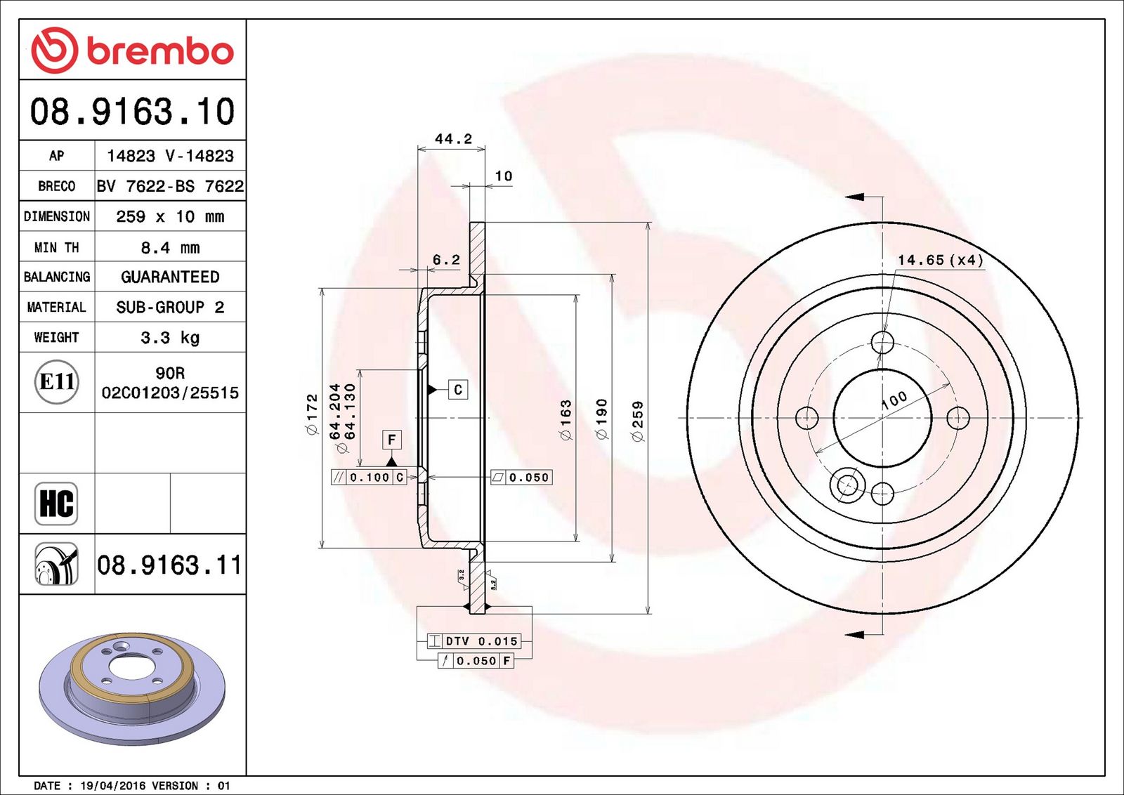 BREMBO 08.9163.11 - Bremsscheibe