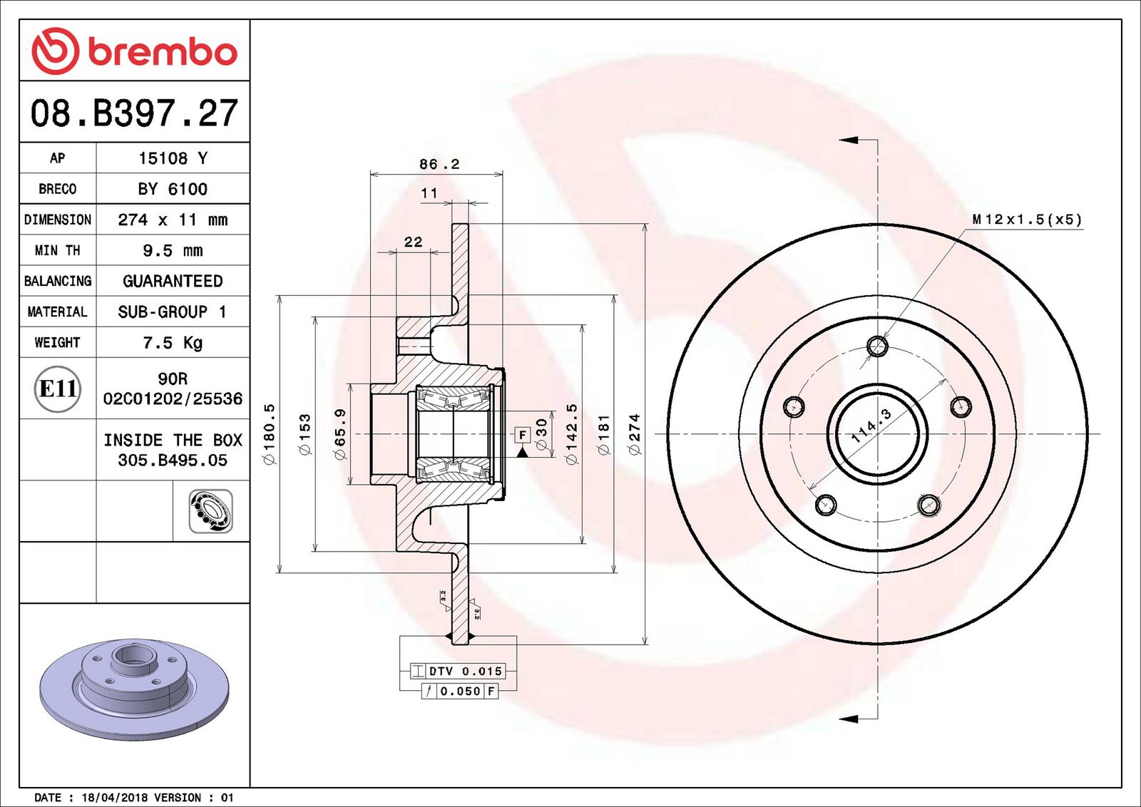 BREMBO 08.B397.27 - Bremsscheibe