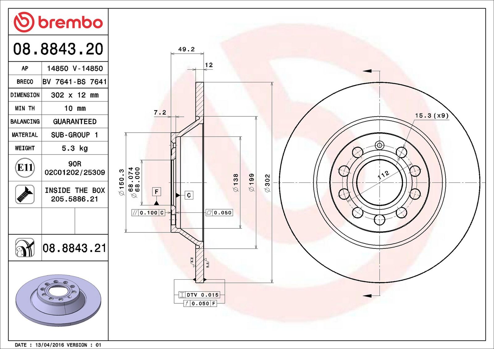 BREMBO 08.8843.21 - Bremsscheibe