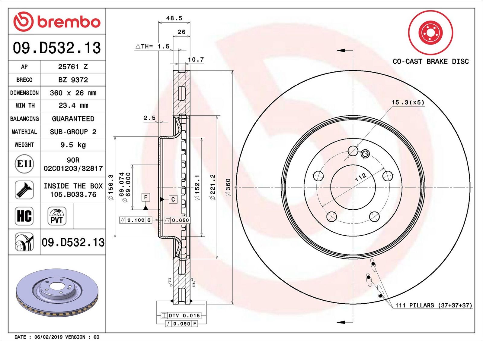BREMBO 09.D532.13 - Bremsscheibe