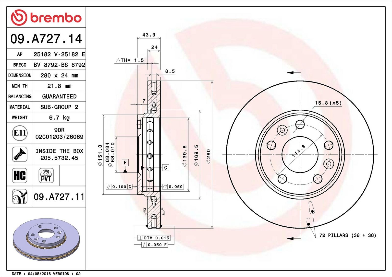 BREMBO 09.A727.11 - Bremsscheibe