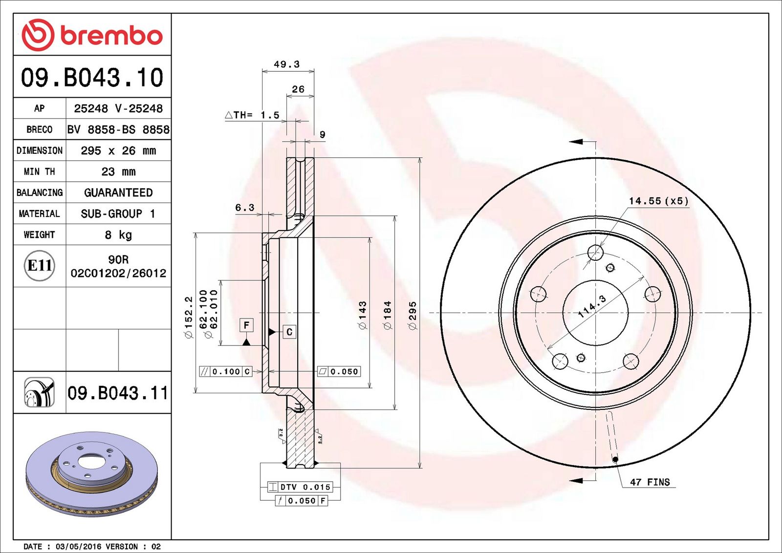 BREMBO 09.B043.11 - Bremsscheibe