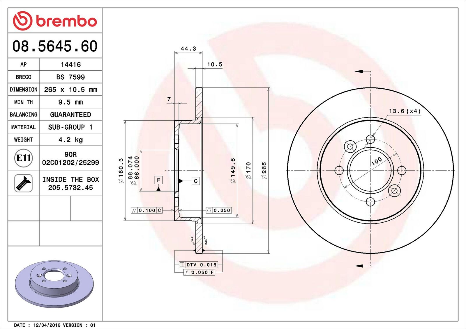 BREMBO 08.5645.60 - Bremsscheibe