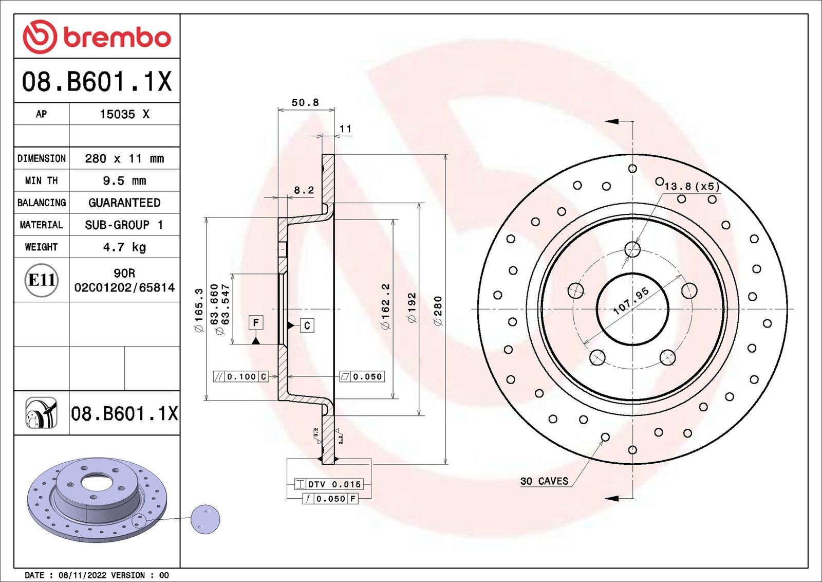 BREMBO 08.B601.1X - Bremsscheibe