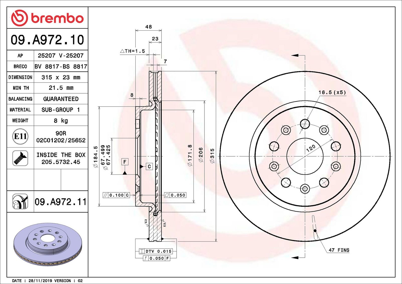BREMBO 09.A972.11 - Bremsscheibe