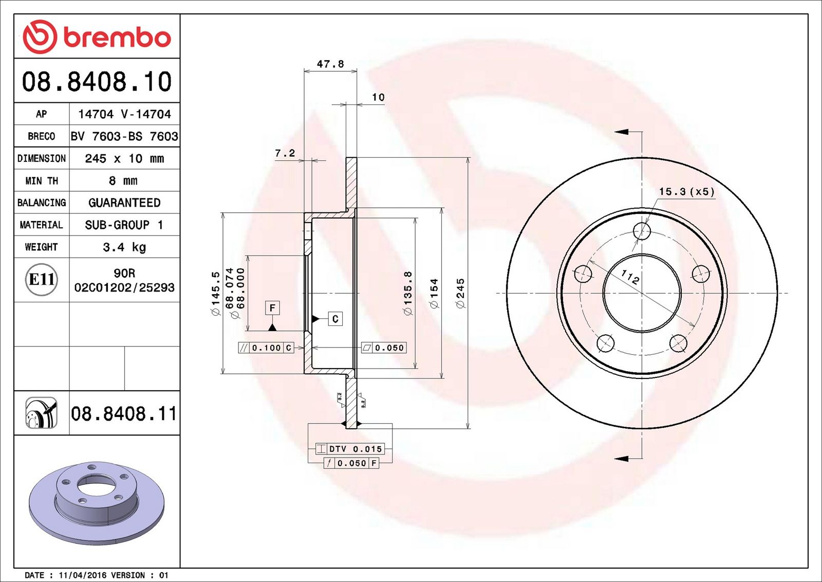 BREMBO 08.8408.11 - Bremsscheibe