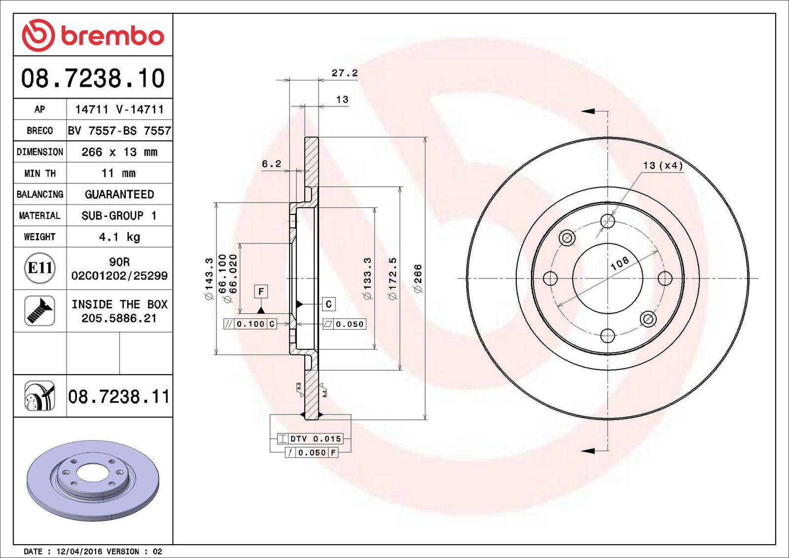 BREMBO 08.7238.11 - Bremsscheibe