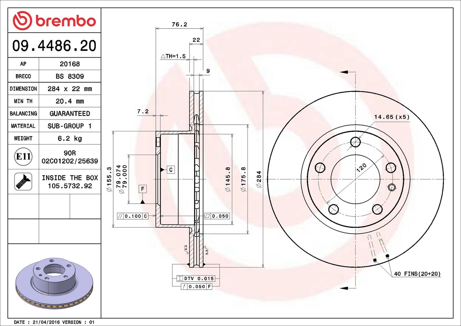 BREMBO 09.4486.20 - Bremsscheibe