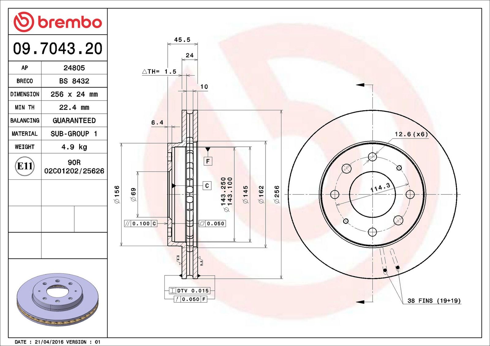 BREMBO 09.7043.20 - Bremsscheibe
