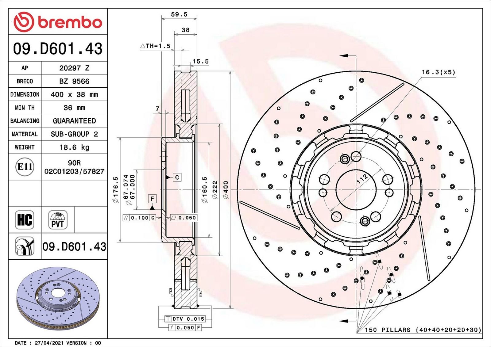BREMBO 09.D601.43 - Bremsscheibe