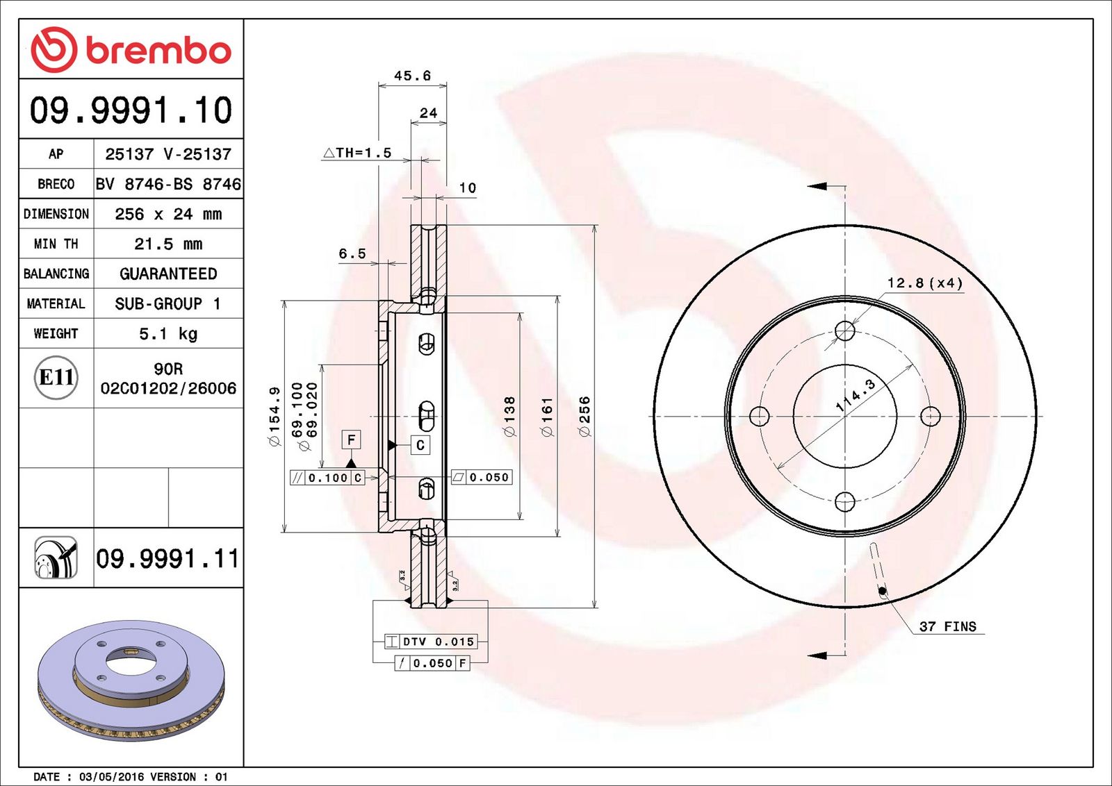 BREMBO 09.9991.11 - Bremsscheibe