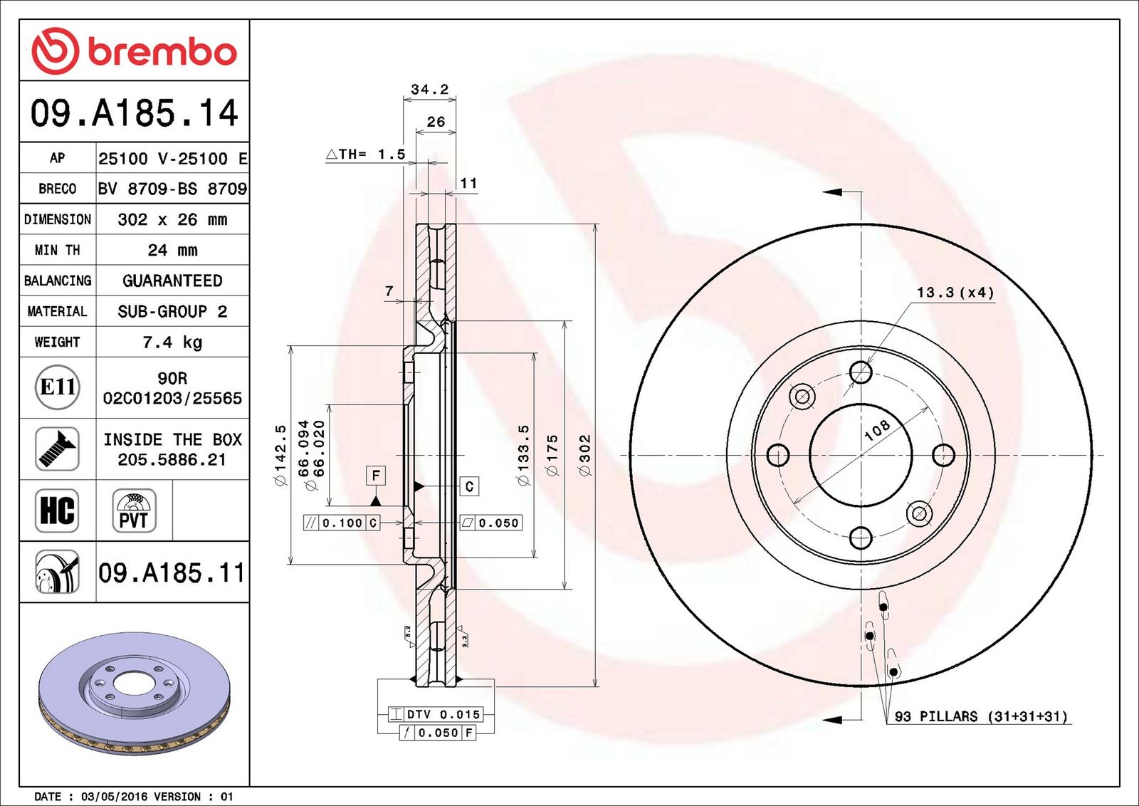 BREMBO 09.A185.11 - Bremsscheibe