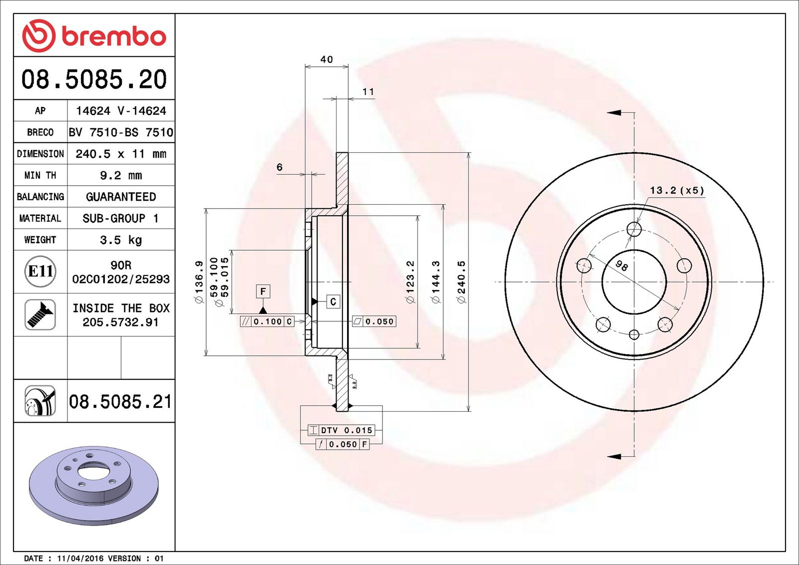 BREMBO 08.5085.21 - Bremsscheibe