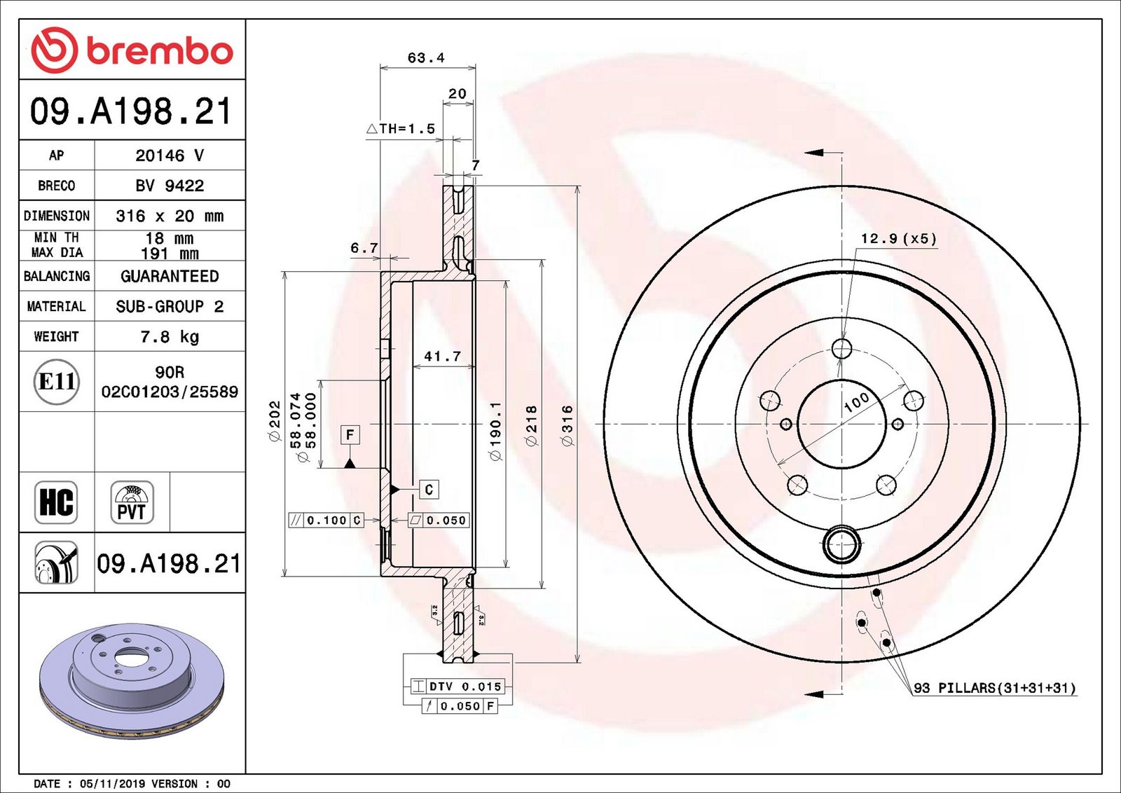 BREMBO 09.A198.21 - Bremsscheibe