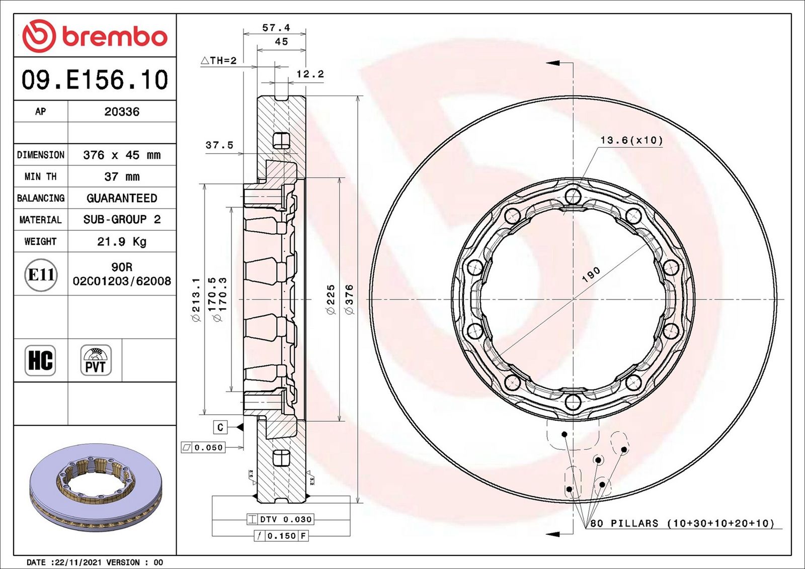 BREMBO 09.E156.10 - Bremsscheibe